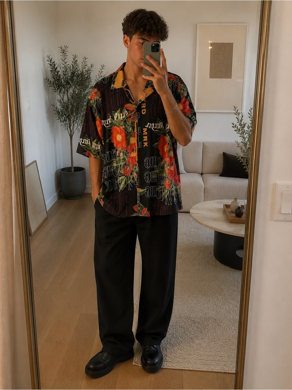 Fashion Nova Black Floral & Orange Graphic Short-Sleeve Shirt